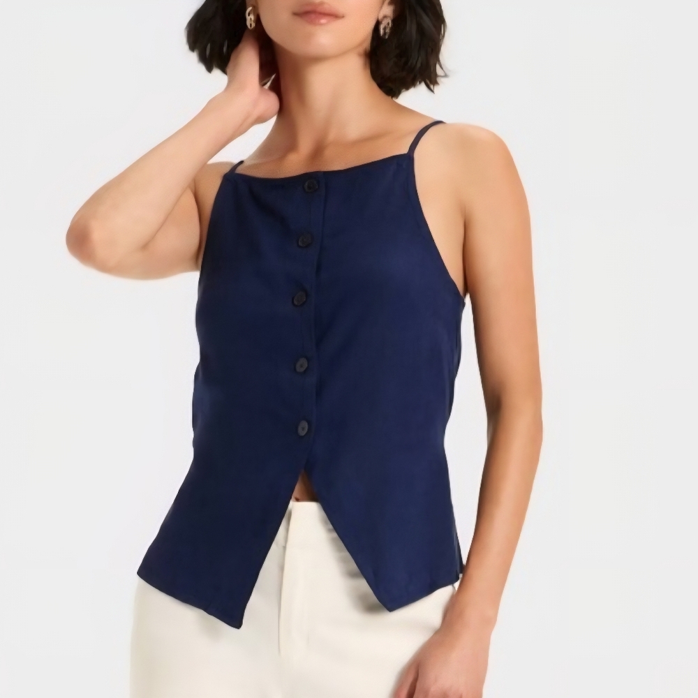 A New Day Linen Blend Button Front Tank Top Womens Sz Small Dark Blue - Picture 7 of 8